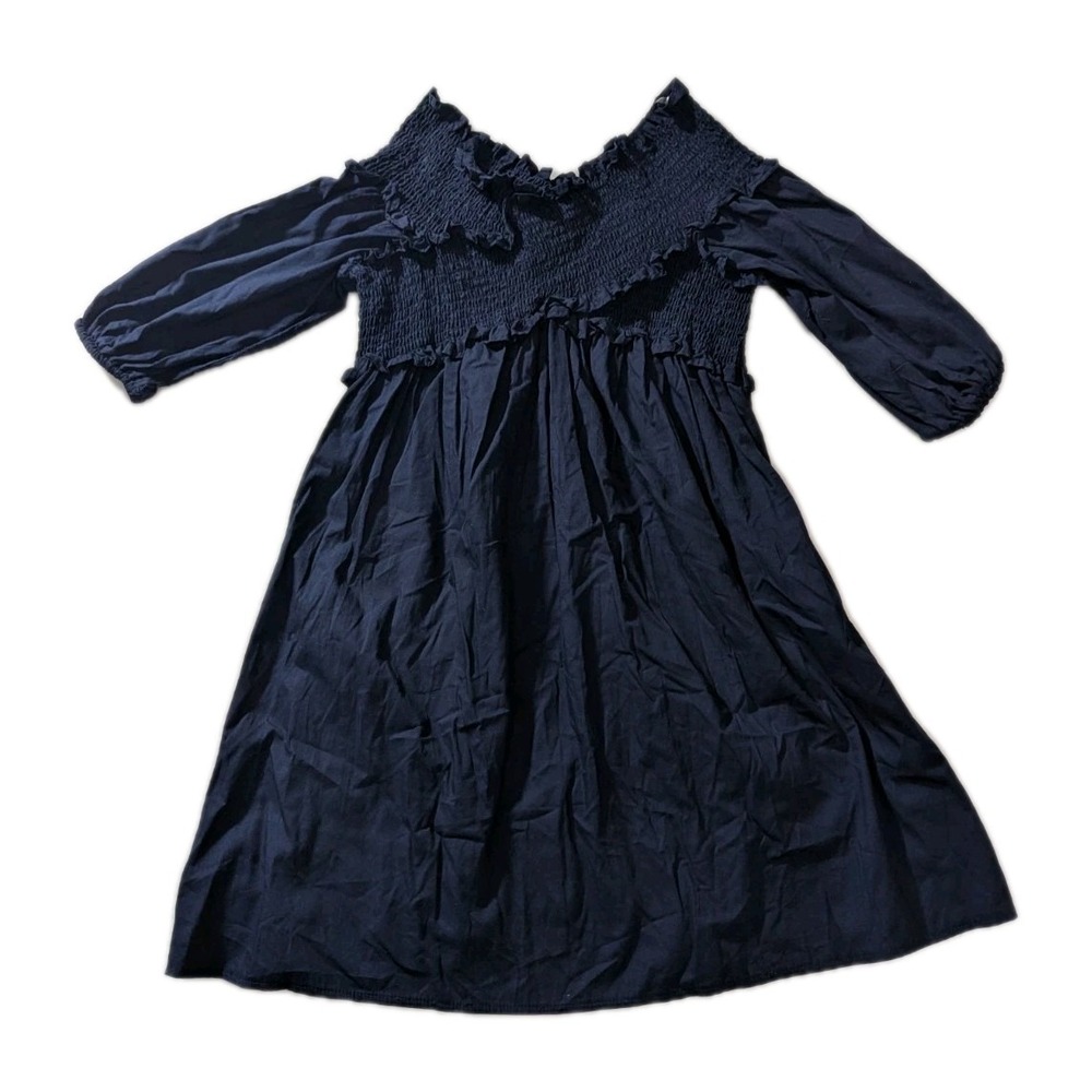 Vasna Womens Small Navy Smocked‎ Babydoll Dress 3/4 Sleeve Cotton Mini